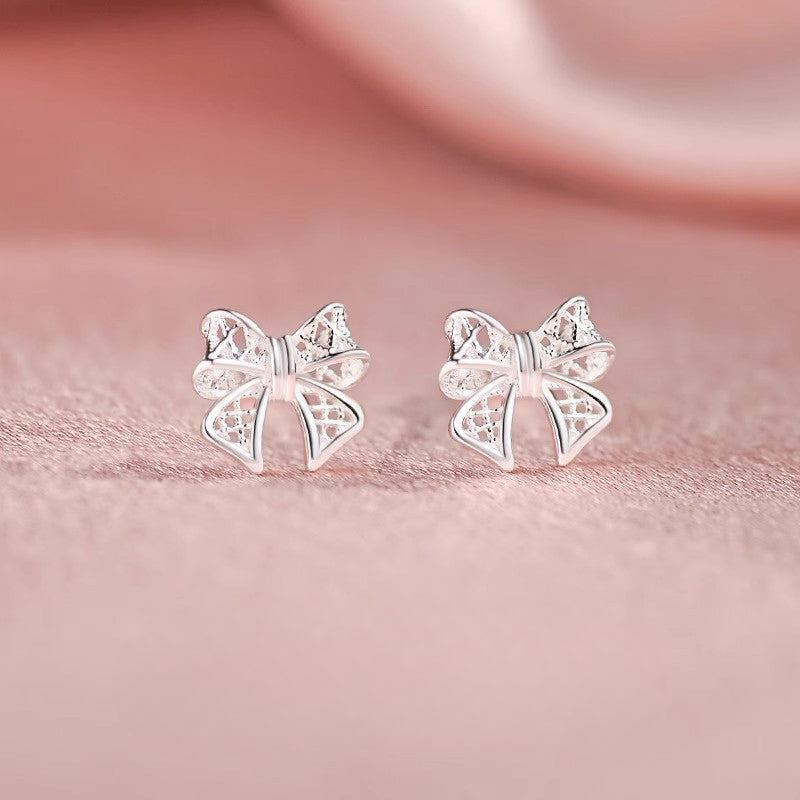 New Bow Stud Earrings Silver 999 Popular Hollow Design