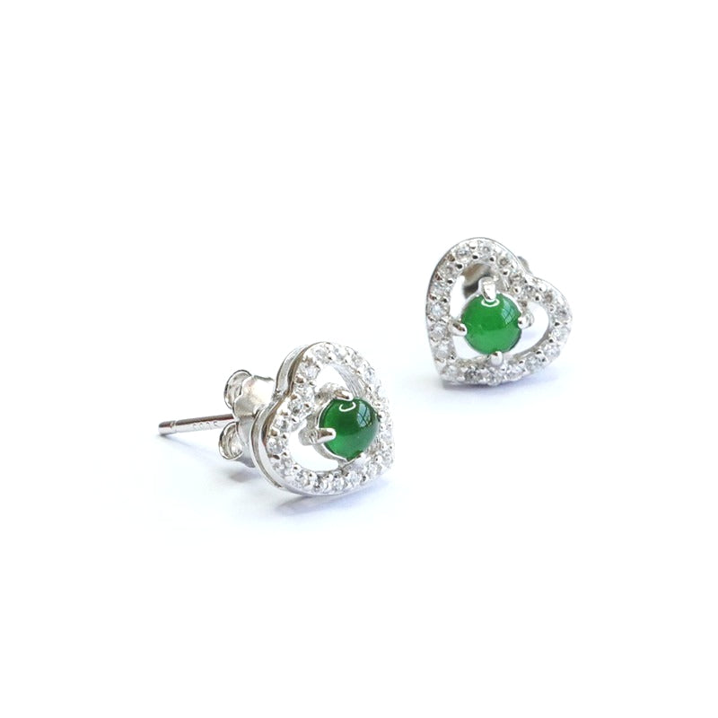 Icy Green Jadeite Heart 925 Silver Stud Earrings