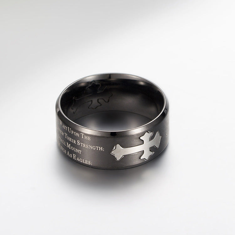 Matte Titanium Steel Cross Ring for Men with Isaiah Lettering
