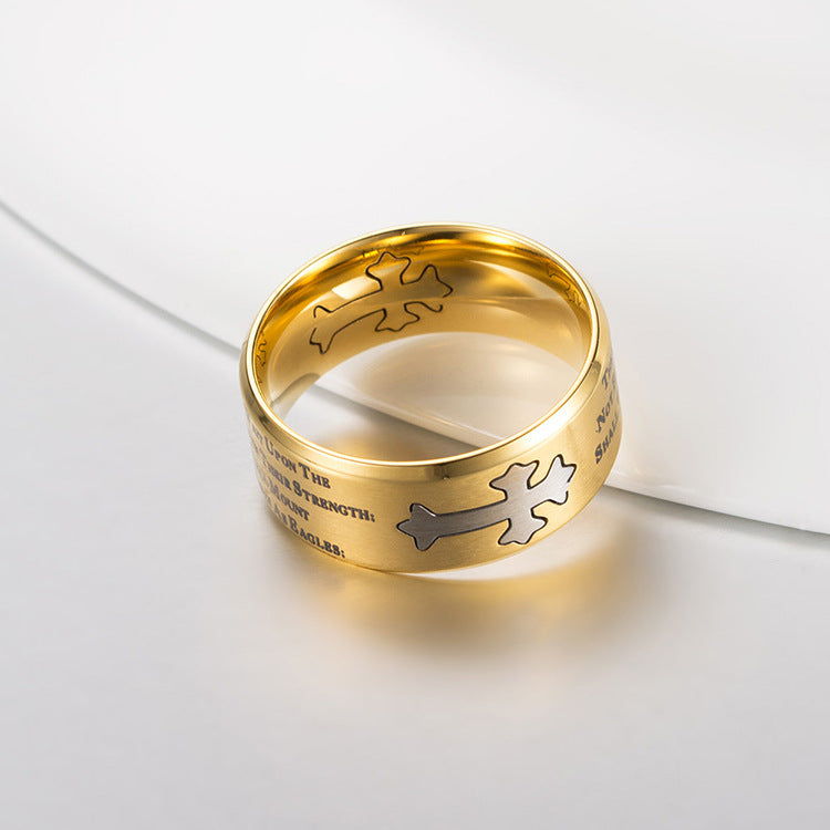 Planderful Cross Titanium Steel Ring Retro Matte Isaiah Book Design For Unisex Fashionistas
