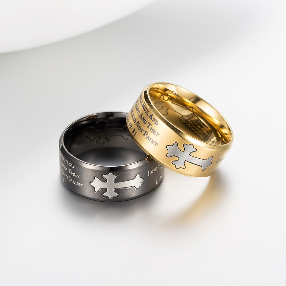 Planderful Cross Titanium Steel Ring Retro Matte Isaiah Book Design For Unisex Fashionistas