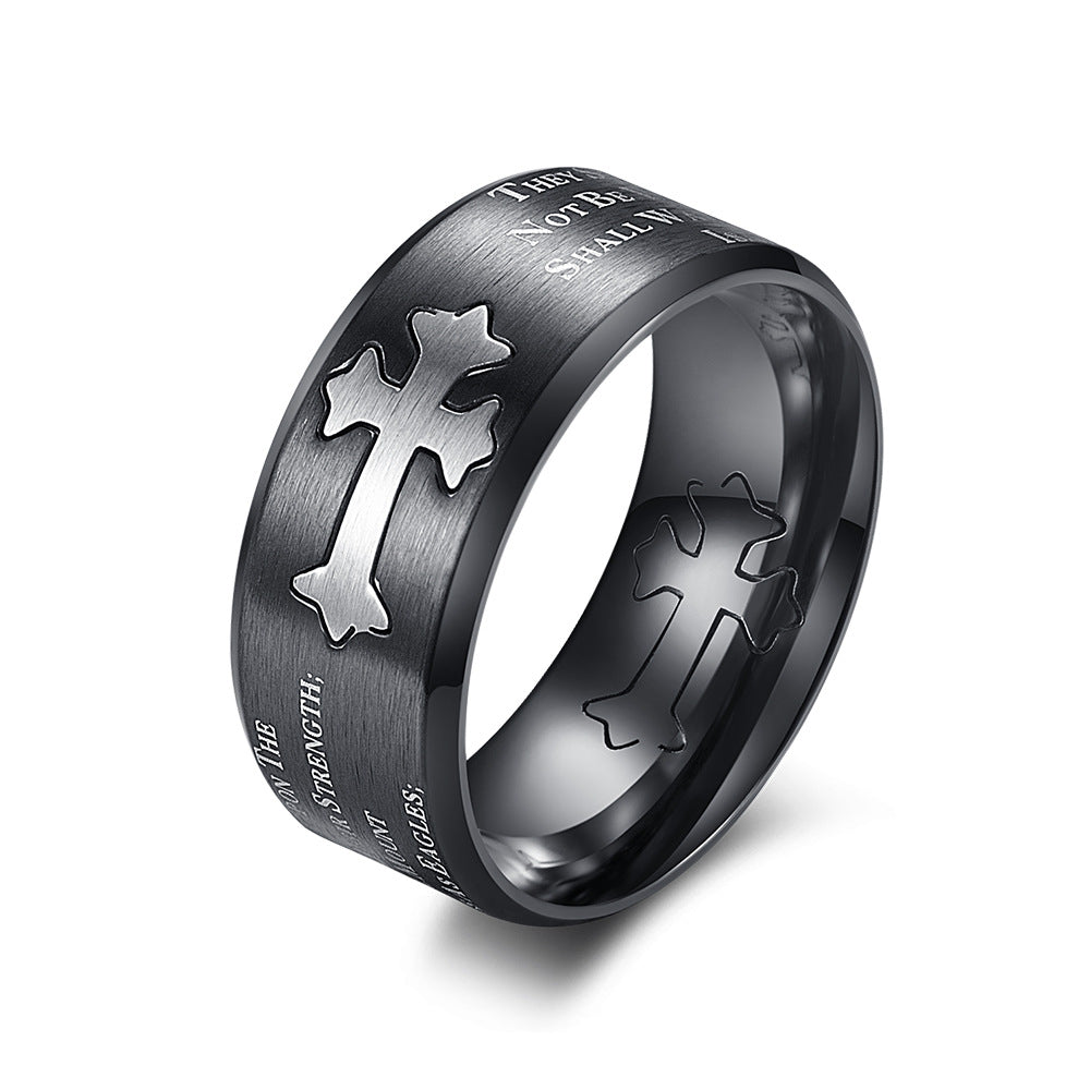 Matte Titanium Steel Cross Ring for Men with Isaiah Lettering