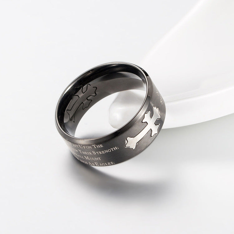 Planderful Cross Titanium Steel Ring Retro Matte Isaiah Book Design For Unisex Fashionistas