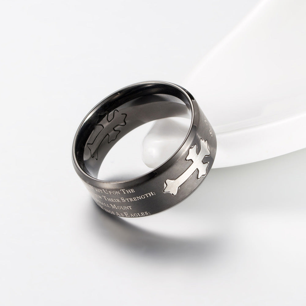 Matte Titanium Steel Cross Ring for Men with Isaiah Lettering