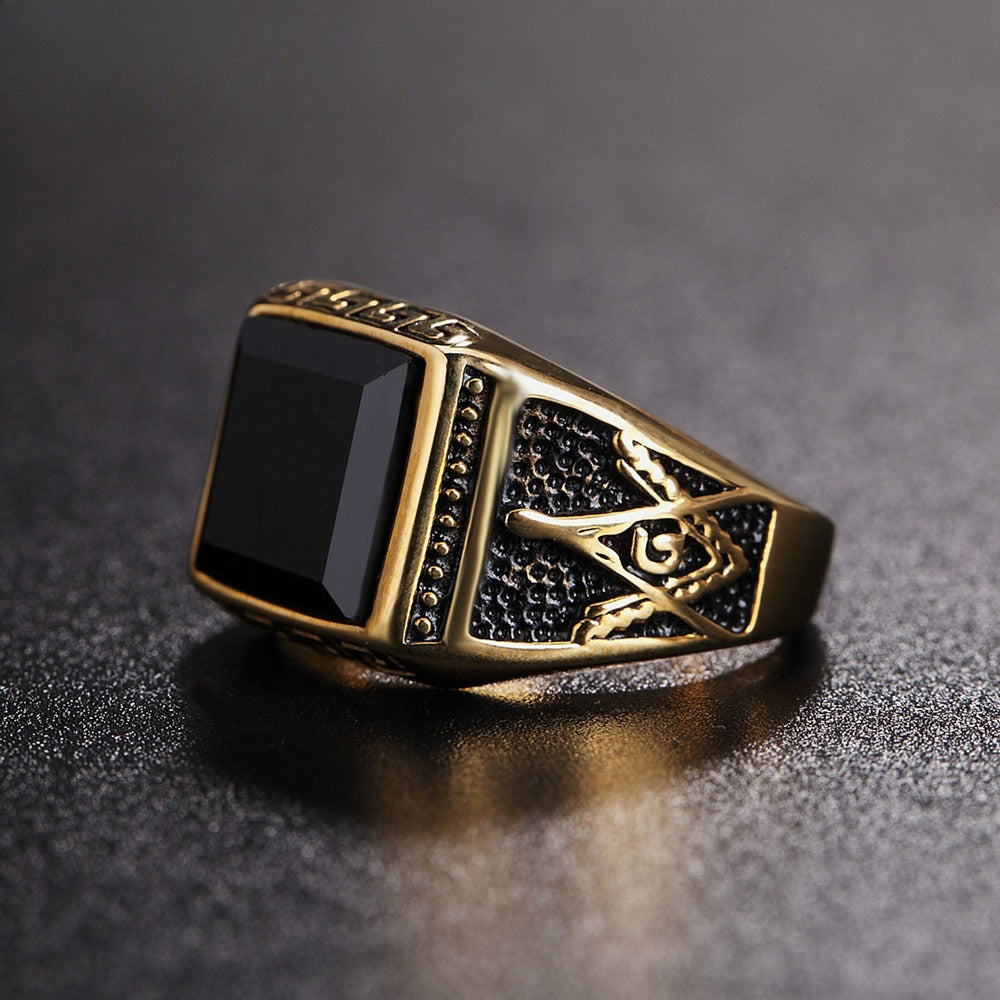 Planderful Freemasonry Titanium Steel Ring For Men Unisex Retro Black Stone Protection Statement