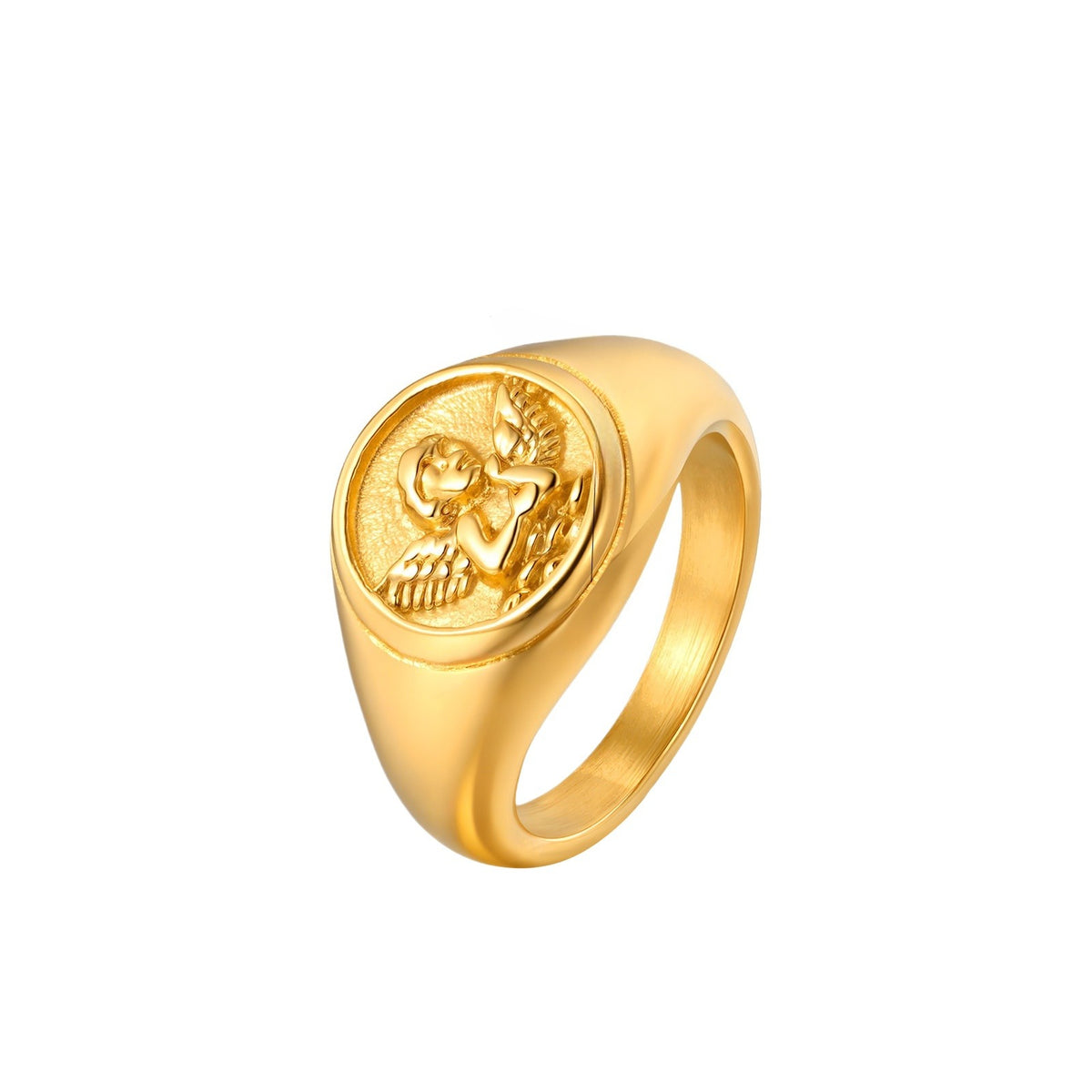Stainless Steel Style Cupid Relief Seal Index Finger Ring Gold