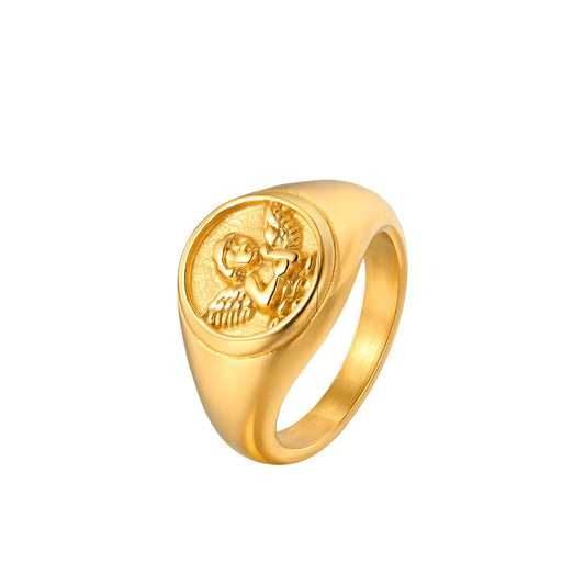 Stainless Steel Style Cupid Relief Seal Index Finger Ring Gold