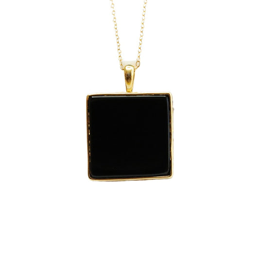 Black Agate Greek-Key Peace Plaque Pendant — No Chain