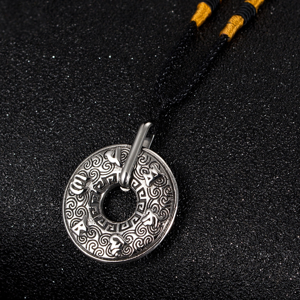 Titanium Steel Retro Mantra Pendant with Auspicious Cloud Design