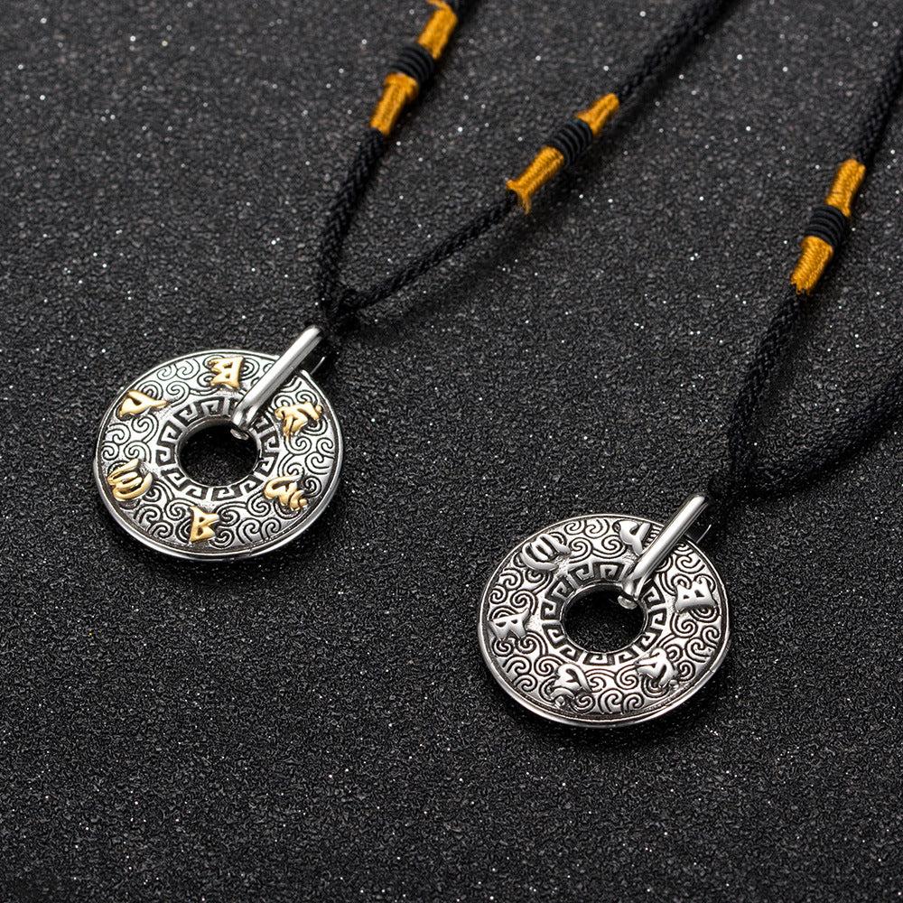 Titanium Steel Retro Mantra Pendant with Auspicious Cloud Design