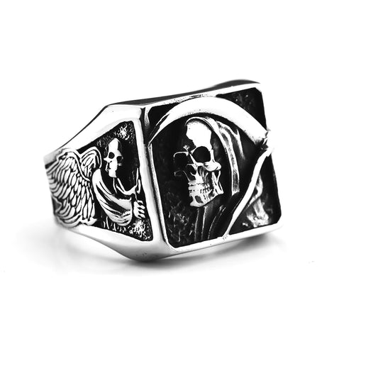 Stainless Steel Grim Reaper Ring By Planderful Collection For Gothic Punk Fans Winged Skull