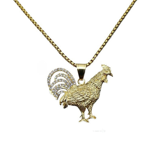 Planderful Hip Hop Jewelry Titanium Steel Gold Plated Zircon Zodiac Chicken Pendant Necklace For Trendsetting Fans