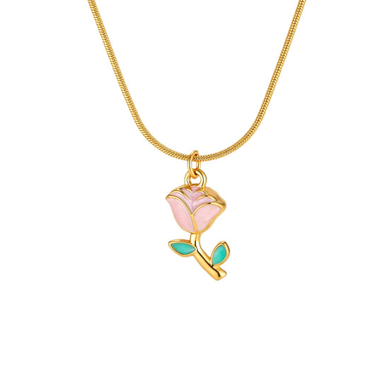 Stainless Steel Necklace Women's Rose Necklace Pendant Round Snake Chain Romantic Daily