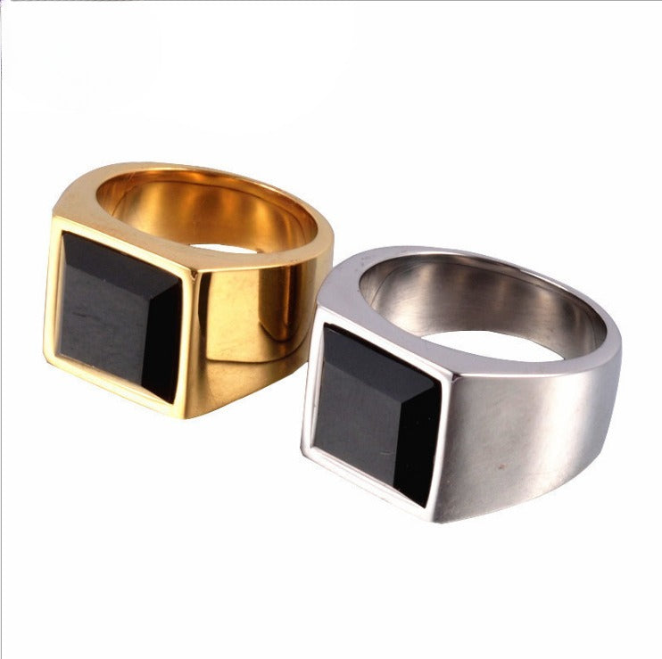 Planderful Mens Titanium Steel Ring Unisex Square Stone Design Durable Protection Jewelry