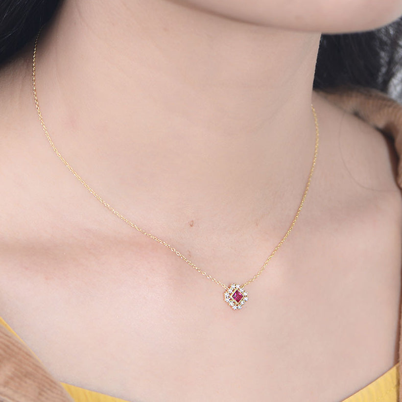 Soleste Halo Princess Cut Red Zircon Pendant Silver Necklace