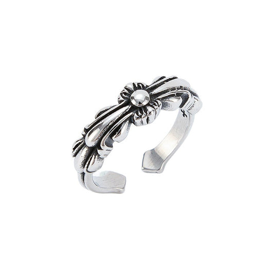 Long Cross Flower Open Titanium Steel Ring for Men