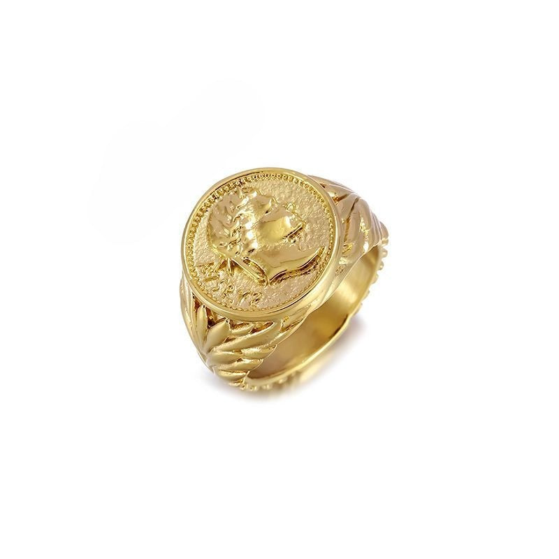 Planderful Caesar Ring Stainless Steel With Retro Gold Coin Casting Roman Empire Portrait Unisex Ring Sizes 7 To 13
