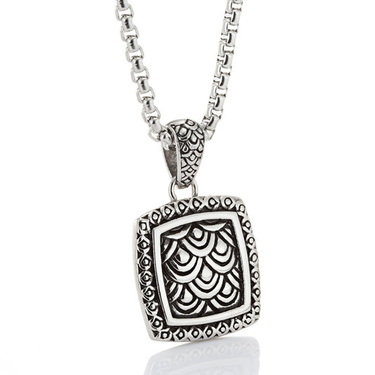 Retro-Inspired Titanium Steel Square Wave Pendant with Fish Scale Design for Men