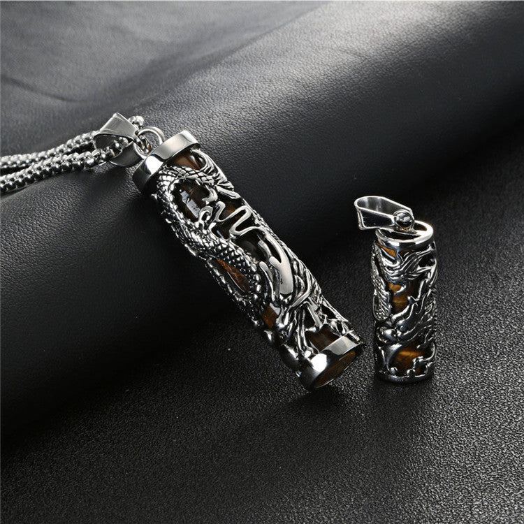 Titanium Steel Gothic Dragon Column Pendant with Gemstone - Retro Crowe Accessories for Men