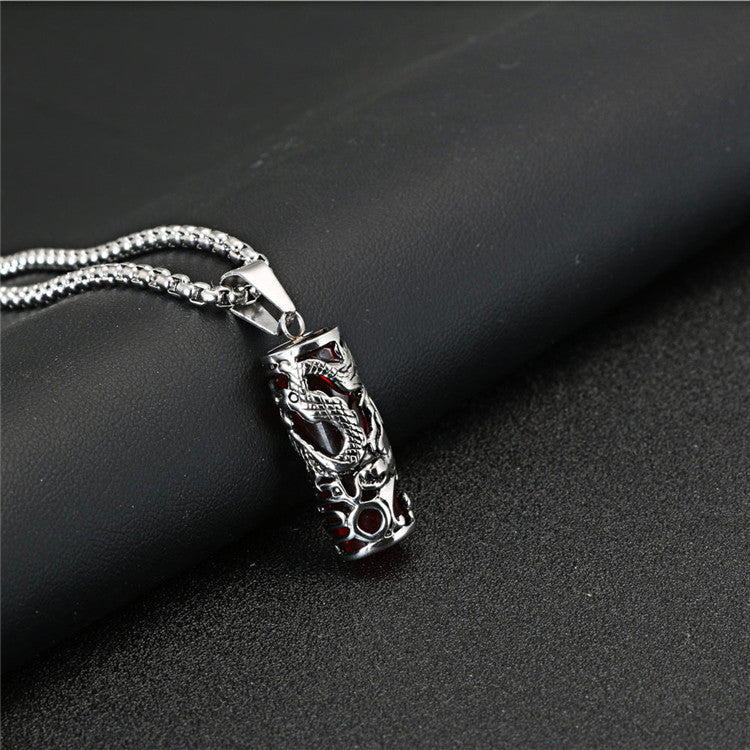 Titanium Steel Gothic Dragon Column Pendant with Gemstone - Retro Crowe Accessories for Men