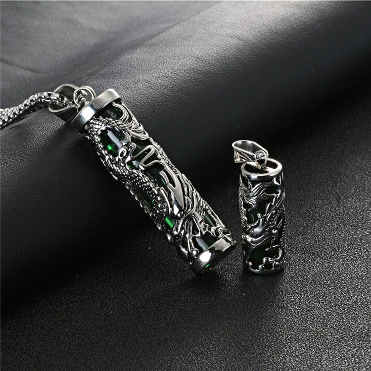 Titanium Steel Gothic Dragon Column Pendant with Gemstone - Retro Crowe Accessories for Men