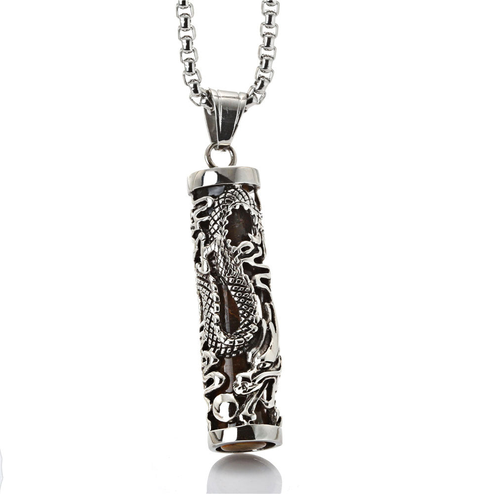 Titanium Steel Gothic Dragon Column Pendant with Gemstone - Retro Crowe Accessories for Men
