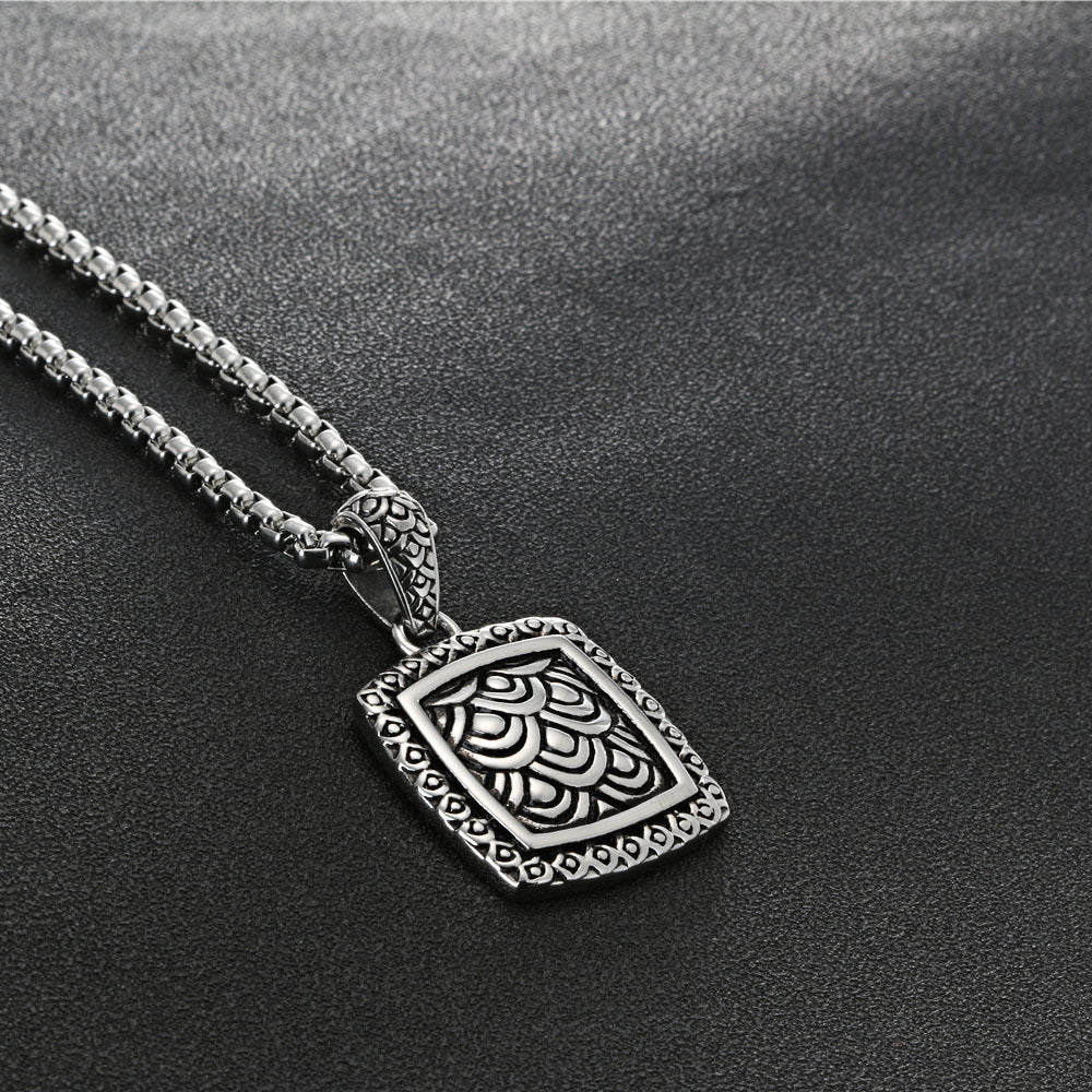 Retro-Inspired Titanium Steel Square Wave Pendant with Fish Scale Design for Men