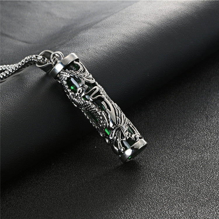Titanium Steel Gothic Dragon Column Pendant with Gemstone - Retro Crowe Accessories for Men