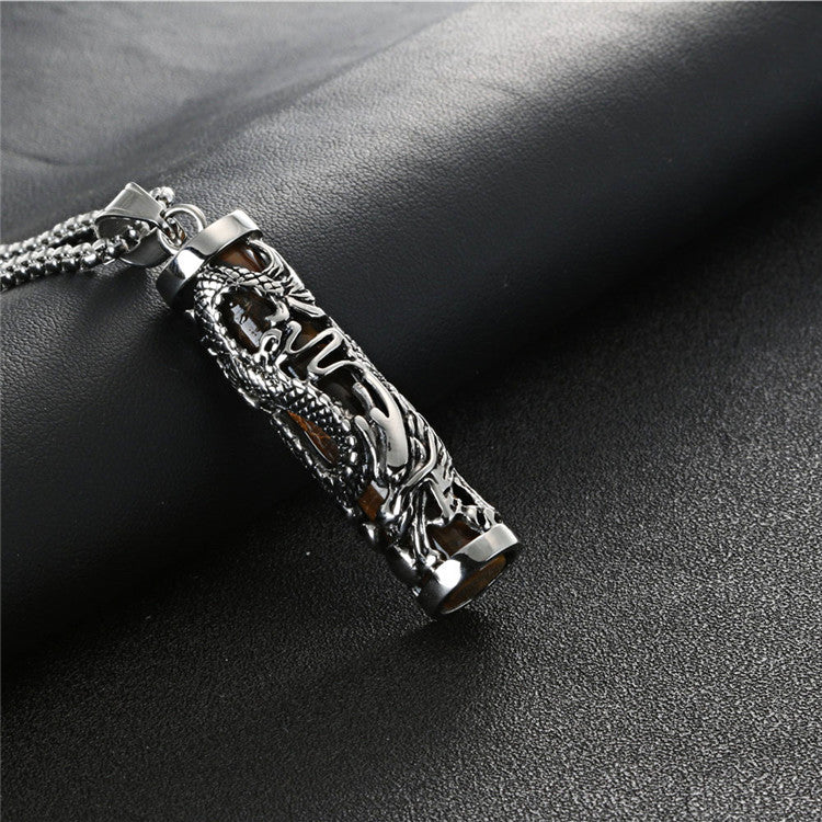 Titanium Steel Gothic Dragon Column Pendant with Gemstone - Retro Crowe Accessories for Men