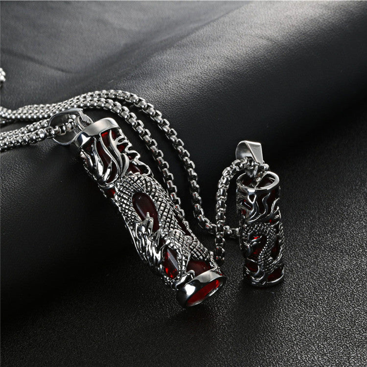 Titanium Steel Gothic Dragon Column Pendant with Gemstone - Retro Crowe Accessories for Men