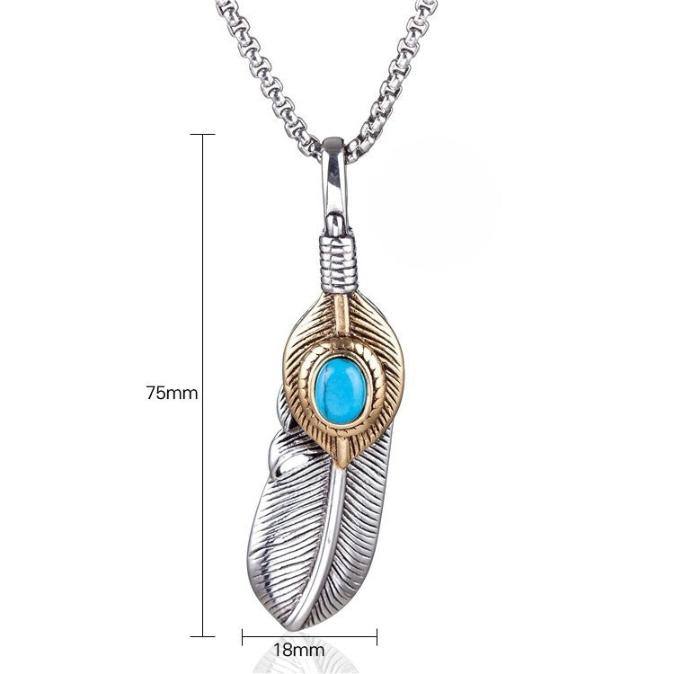 Planderful Feather Pendant Necklace Turquoise Feather Protection Unisex Titanium Steel Jewelry