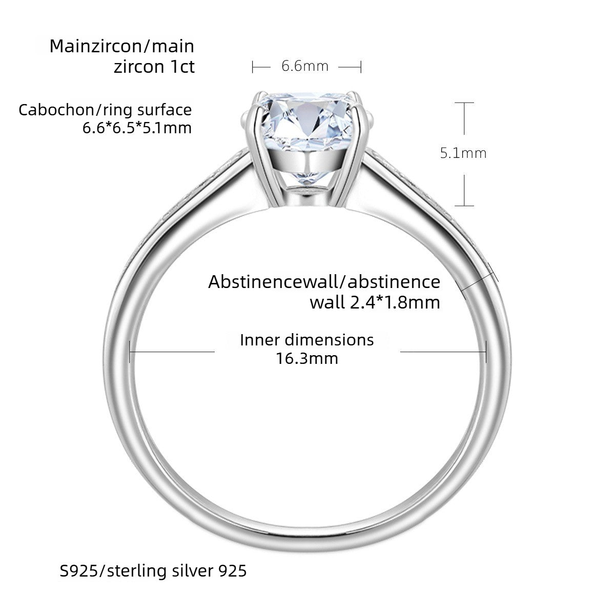 Carat Wedding S925 Sterling Silver Women's Ring