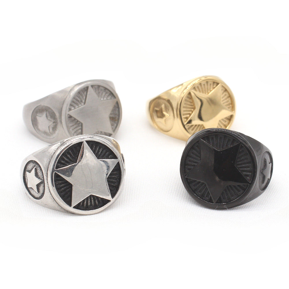 Planderful EveryDay Genie – European and American Personalized Retro Five-Star Men's Titanium Steel Ring