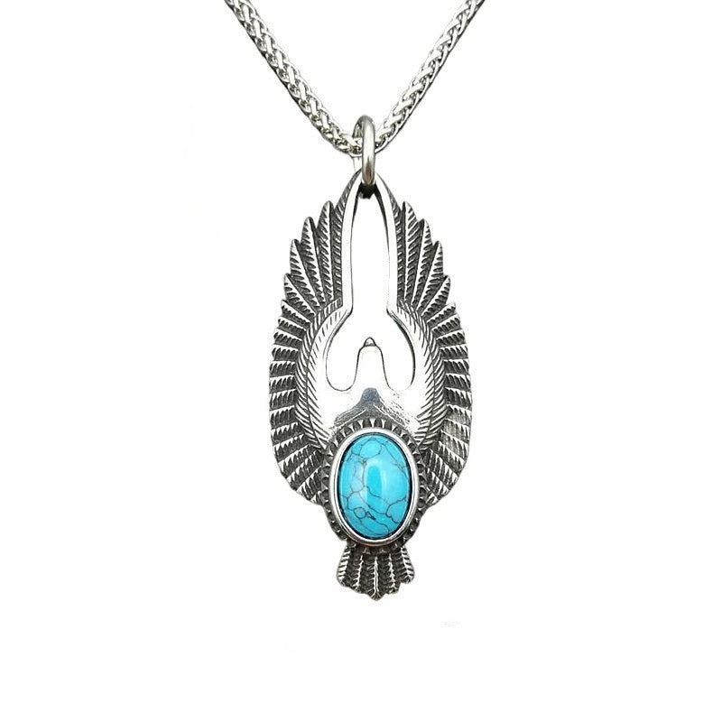 Planderful Turquoise Eagle Pendant Necklace Unisex Durable Titanium Steel Punk Retro Accessory For Men And Women