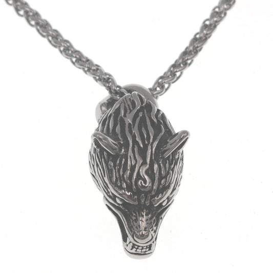 Cross-border Nordic Viking wolf head stainless steel necklace men's wolf tooth personality 100 with flower basket chain titanium steel chain for men