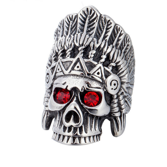Halloween Red Eye Indian Chief Skull Head Stainless Steel Ring for Men