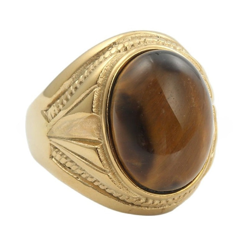 Planderful Everyday Genie Titanium Steel Brown Gemstone Ring For Men Unisex Retro Protection Statement Jewelry