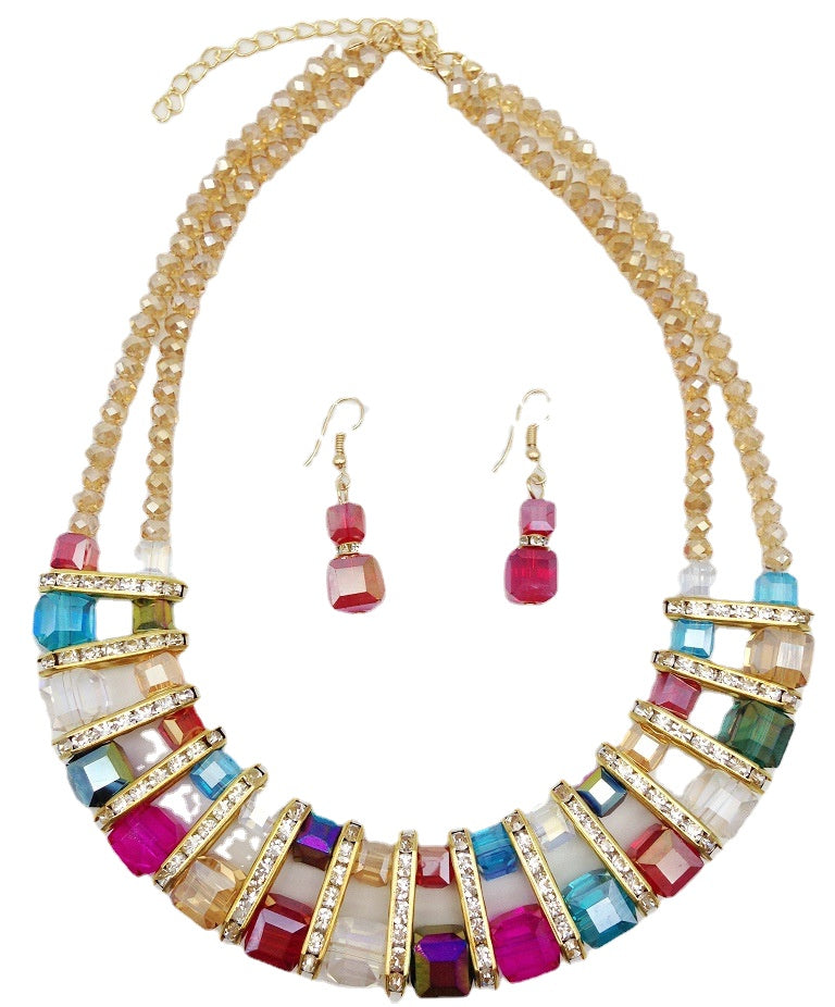 Crystal Glass Color Necklace Earrings Set with Clavicle Chain