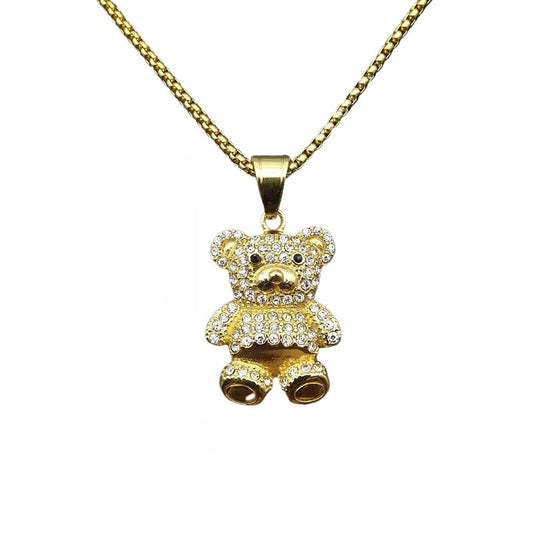 Hip Hop Jewelry Bear Pendant Necklace Titanium Steel Gold Plated Zircon Unisex Planderful Everyday Genie
