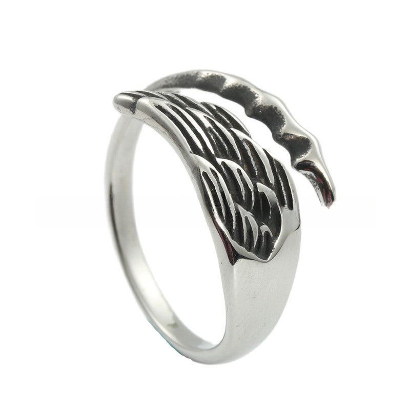 Titanium Steel Retro Wing Feather Ring for Men - Trendy Animal Accessories