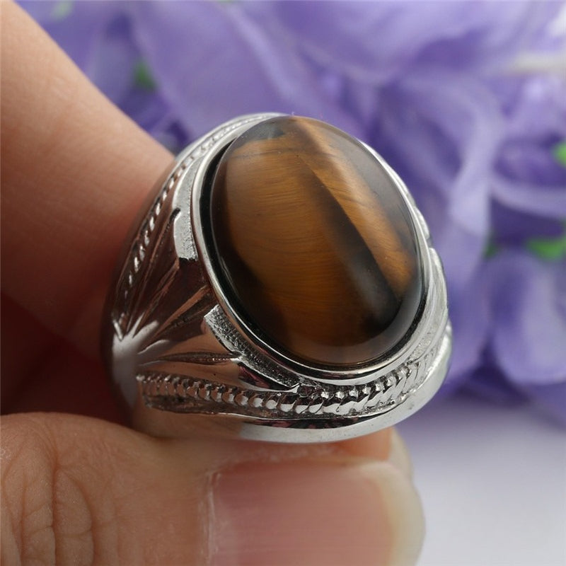 Planderful Everyday Genie Titanium Steel Brown Gemstone Ring For Men Unisex Retro Protection Statement Jewelry