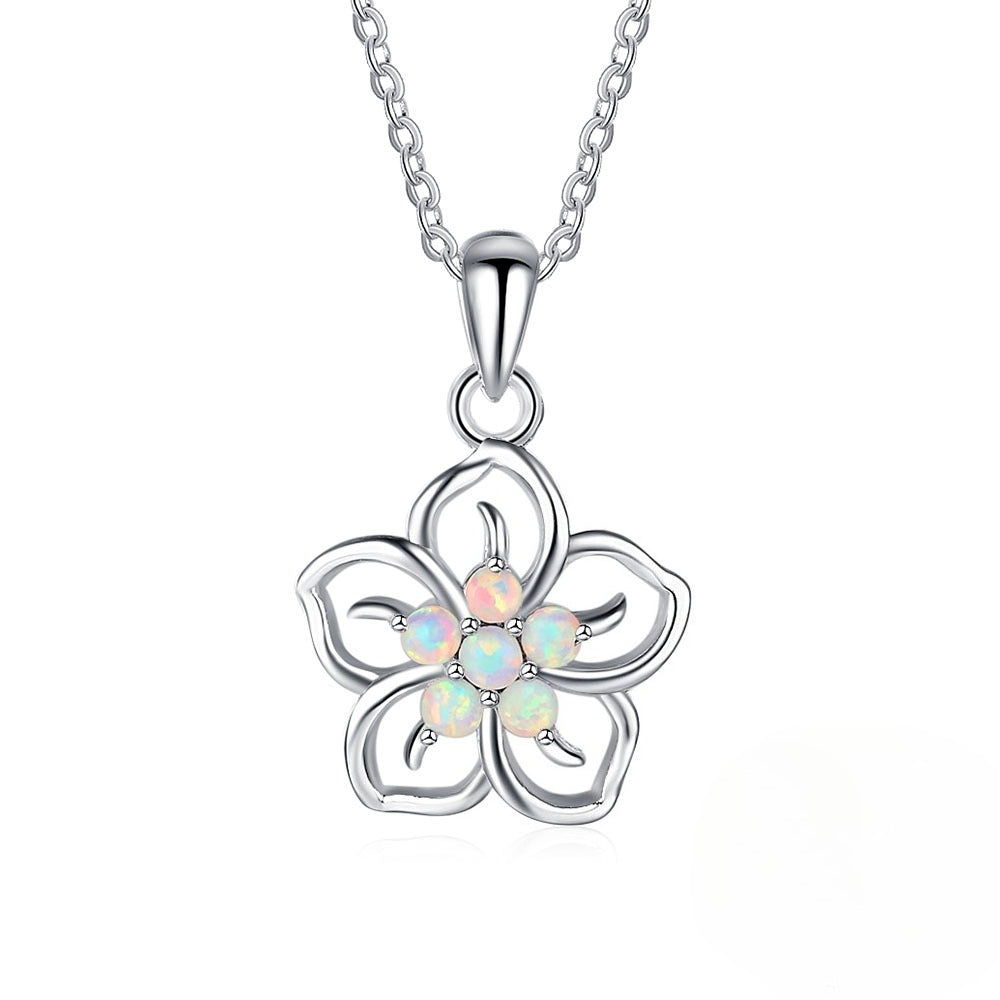 Planderful Jewelry Opal Necklace Flower Pendant