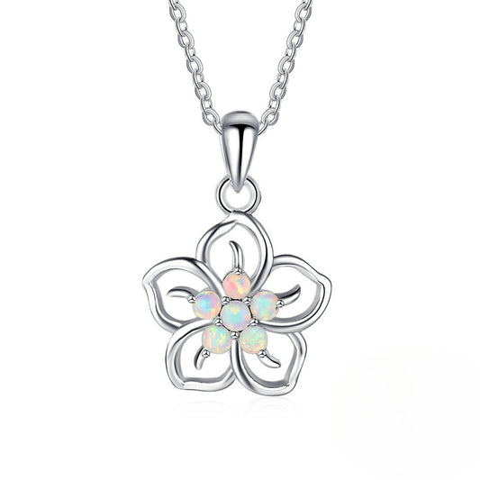 Planderful Jewelry Opal Necklace Flower Pendant