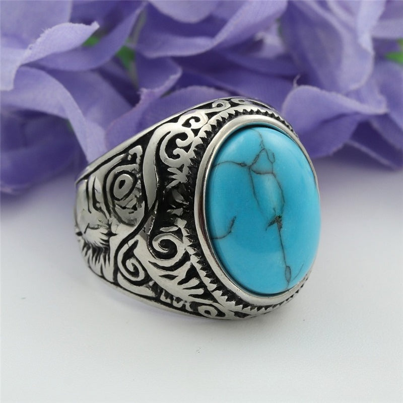 Planderful Stainless Steel Turquoise Ring Unisex Bold Retro Men Accessories For Everyday Style