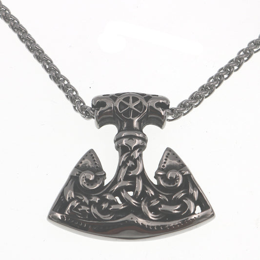 Cross border Viking Odin Hammer Stainless Steel Necklace Nordic Celtic Wolf Titanium Steel Pendant Flower Basket Chain Men's Jewelry for men