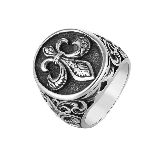 Carved Childern Flower Oval Titanium Steel Ring for Men