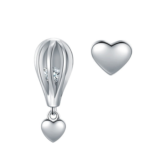 Korean S925 Sterling Silver Hot Air Balloon Asymmetric Earrings with Zircon Gems