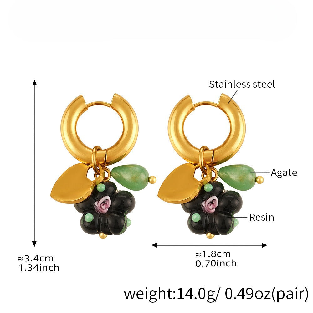 Planderful Stainless Steel Resin Flower Agate Earrings Women