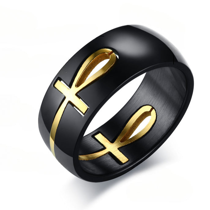 Stainless Steel Black Gold Men's Ring Cross Anka Jewelry