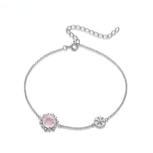 Christmas Winter Snowflake Round Pink Crystal Sterling Silver Bracelet